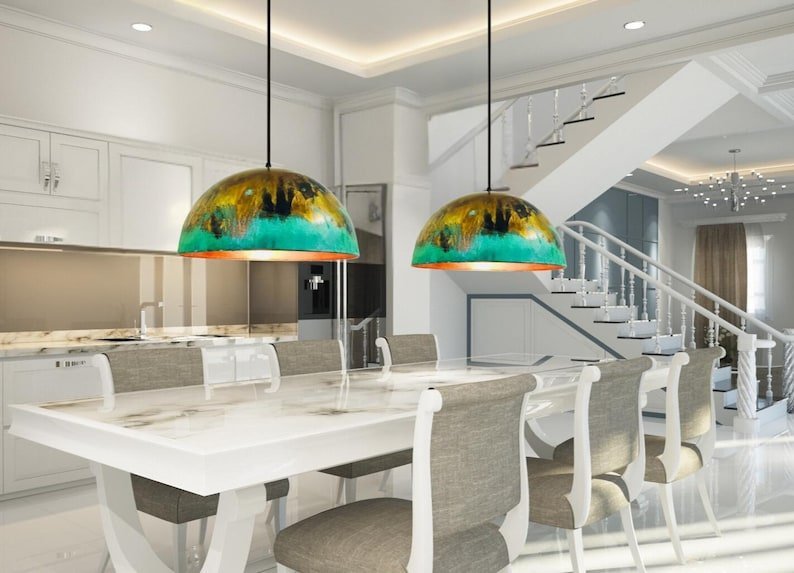 Turquoise Patina Copper Dome Pendant Lights Modern Kitchen Island Lamps