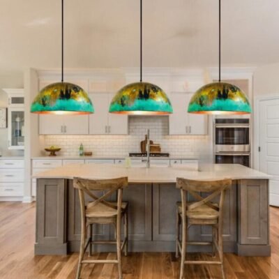 Set of 3 Oxidized Copper Patina Pendant Lights: Kitchen Island Lighting