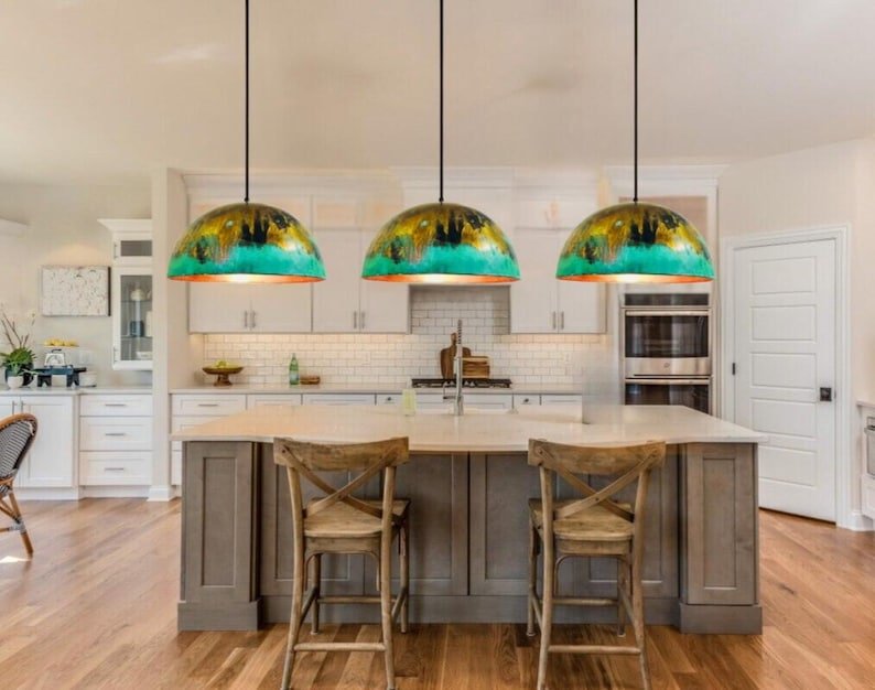 Set of 3 Oxidized Copper Patina Pendant Lights: Kitchen Island Lighting