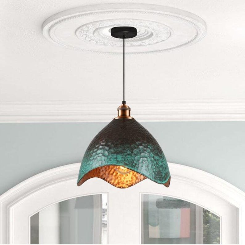 Set of 2 Green patina copper dome pendant light- oxidized turquoise patina with copper interior - modern kitchen island-vintage hanging lamp Set of 2 Green patina copper dome pendant light- oxidized turquoise patina with copper interior - modern kitchen island-vintage hanging lamp