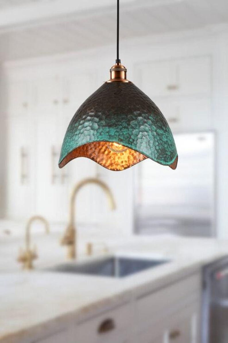 Set of 2 Green patina copper dome pendant light- oxidized turquoise patina with copper interior - modern kitchen island-vintage hanging lamp Set of 2 Green patina copper dome pendant light- oxidized turquoise patina with copper interior - modern kitchen island-vintage hanging lamp