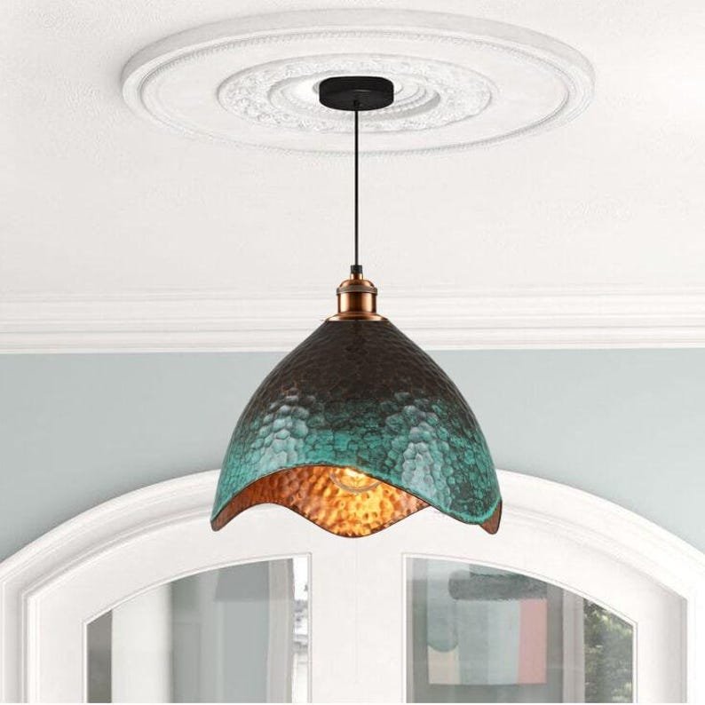 Set of 2 Green patina copper dome pendant light- oxidized turquoise patina with copper interior - modern kitchen island-vintage hanging lamp Set of 2 Green patina copper dome pendant light- oxidized turquoise patina with copper interior - modern kitchen island-vintage hanging lamp