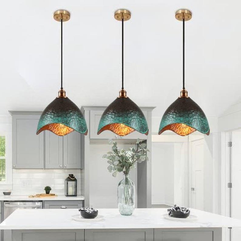 Set of 2 Green patina copper dome pendant light- oxidized turquoise patina with copper interior - modern kitchen island-vintage hanging lamp Set of 2 Green patina copper dome pendant light- oxidized turquoise patina with copper interior - modern kitchen island-vintage hanging lamp