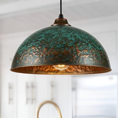 Set of 3 Green patina copper dome pendant light-oxidized turquoise patina with copper interior -modern kitchen island - vintage hanging lamp
