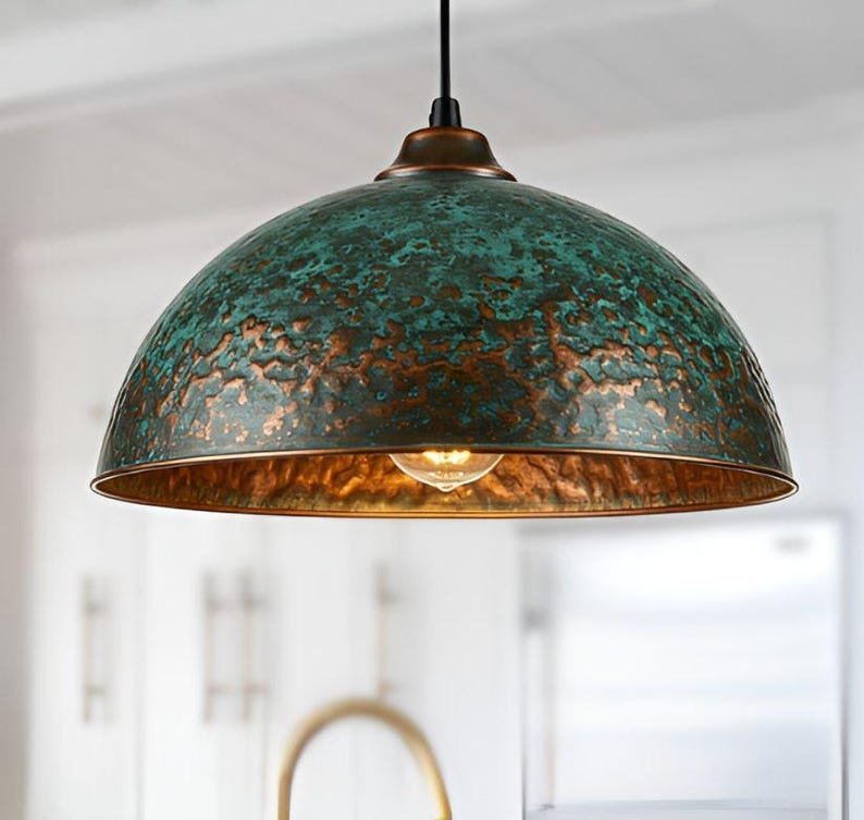 Set of 3 Green patina copper dome pendant light-oxidized turquoise patina with copper interior -modern kitchen island - vintage hanging lamp