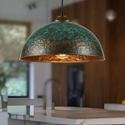 Set of 3 Green patina copper dome pendant light-oxidized turquoise patina with copper interior -modern kitchen island - vintage hanging lamp