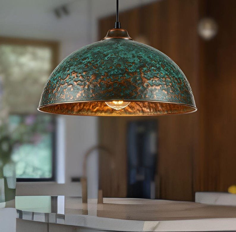 Set of 3 Green patina copper dome pendant light-oxidized turquoise patina with copper interior -modern kitchen island - vintage hanging lamp