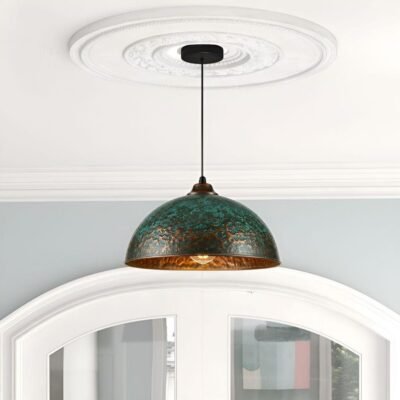 Set of 3 Green patina copper dome pendant light-oxidized turquoise patina with copper interior -modern kitchen island - vintage hanging lamp