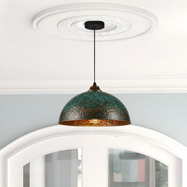 Set of 3 Green patina copper dome pendant light-oxidized turquoise patina with copper interior -modern kitchen island - vintage hanging lamp