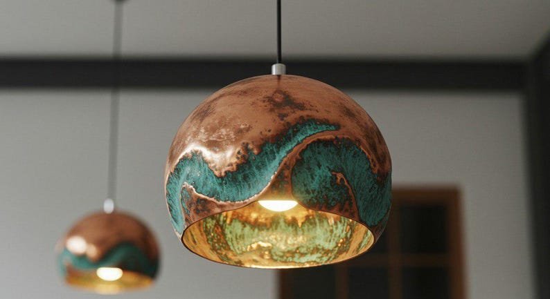 Handmade Oxidized Copper Pendant Light, Green Patina Copper Dome Pendant Light, Farmhouse Kitchen Ceiling Lamp Fixture,copper pendant light