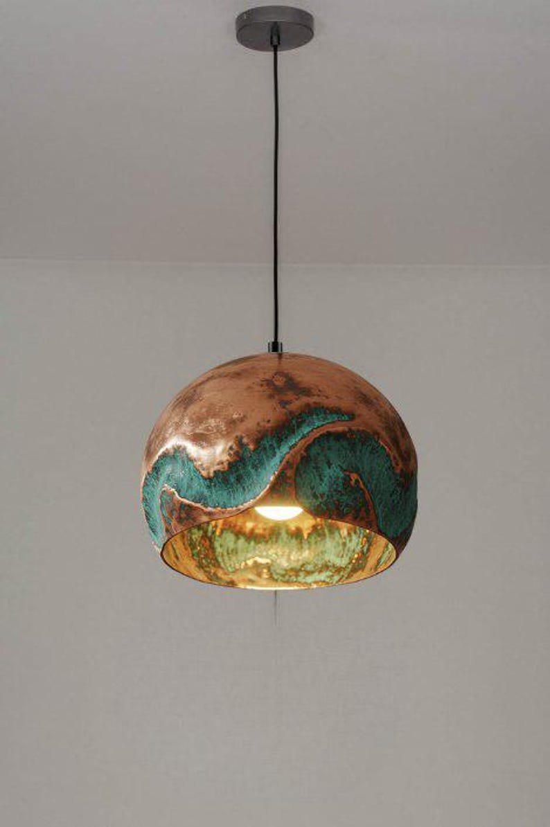 Handmade Oxidized Copper Pendant Light Green Patina