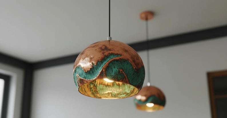 Handmade Oxidized Copper Pendant Light, Green Patina Copper Dome Pendant Light, Farmhouse Kitchen Ceiling Lamp Fixture,copper pendant light