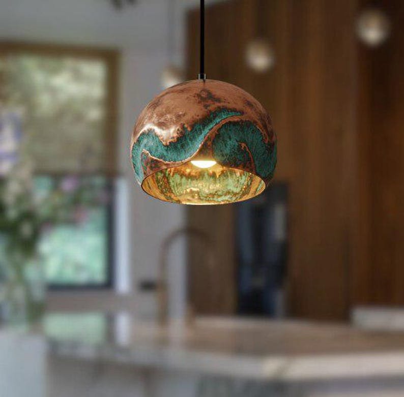 Handmade Oxidized Copper Pendant Light, Green Patina Copper Dome Pendant Light, Farmhouse Kitchen Ceiling Lamp Fixture,copper pendant light