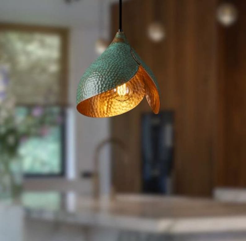 Hammered Turquoise Petal Copper Pendant Light Modern Boho Lamp