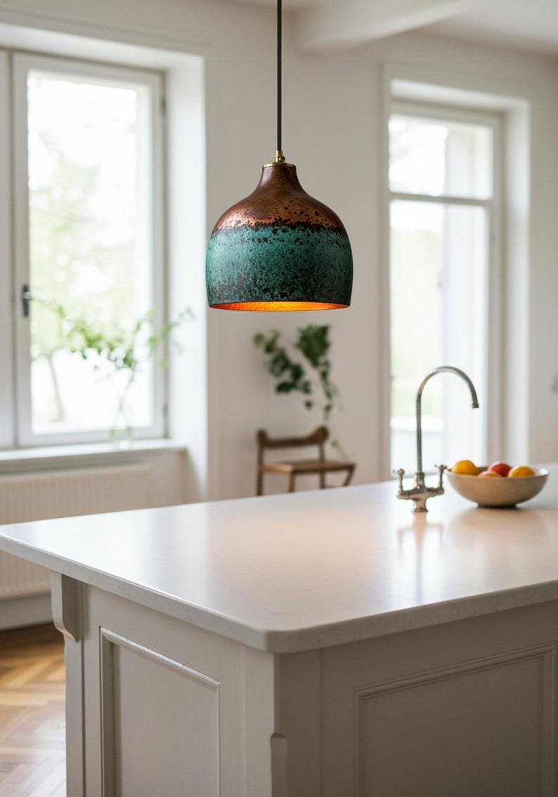 Handmade Hammered Copper Dome Pendant Light: Green Patina Rustic Chandelier Handmade Hammered Copper Dome Pendant Light: Green Patina Rustic Chandelier