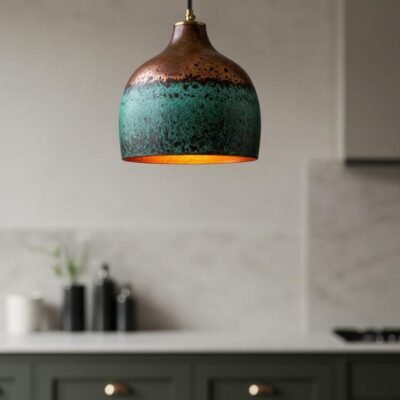 products-traditionaltechniques3 Handmade Hammered Copper Dome Pendant Light: Green Patina Rustic Chandelier