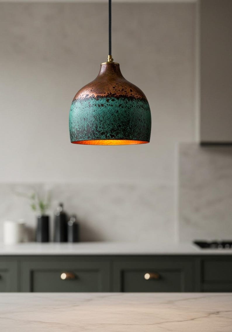 Handmade Hammered Copper Dome Pendant Light: Green Patina Rustic Chandelier Handmade Hammered Copper Dome Pendant Light: Green Patina Rustic Chandelier