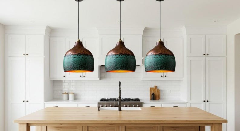 Handmade Hammered Copper Dome Pendant Light: Green Patina Rustic Chandelier Handmade Hammered Copper Dome Pendant Light: Green Patina Rustic Chandelier