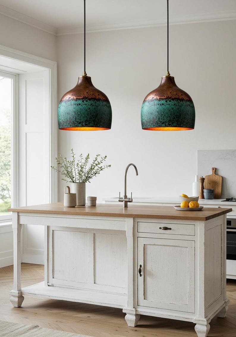 Handmade Hammered Copper Dome Pendant Light: Green Patina Rustic Chandelier Handmade Hammered Copper Dome Pendant Light: Green Patina Rustic Chandelier