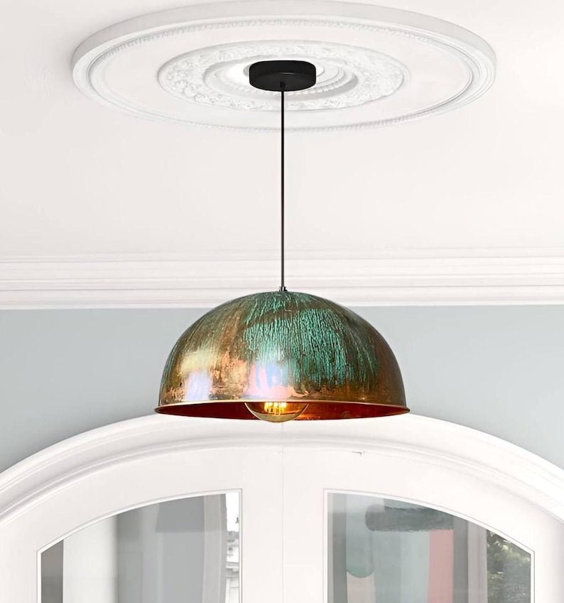 Set of 3 Green patina copper dome pendant light-oxidized turquoise patina with copper interior -modern kitchen island - vintage hanging lamp Set of 3 Green patina copper dome pendant light-oxidized turquoise patina with copper interior -modern kitchen island - vintage hanging lamp
