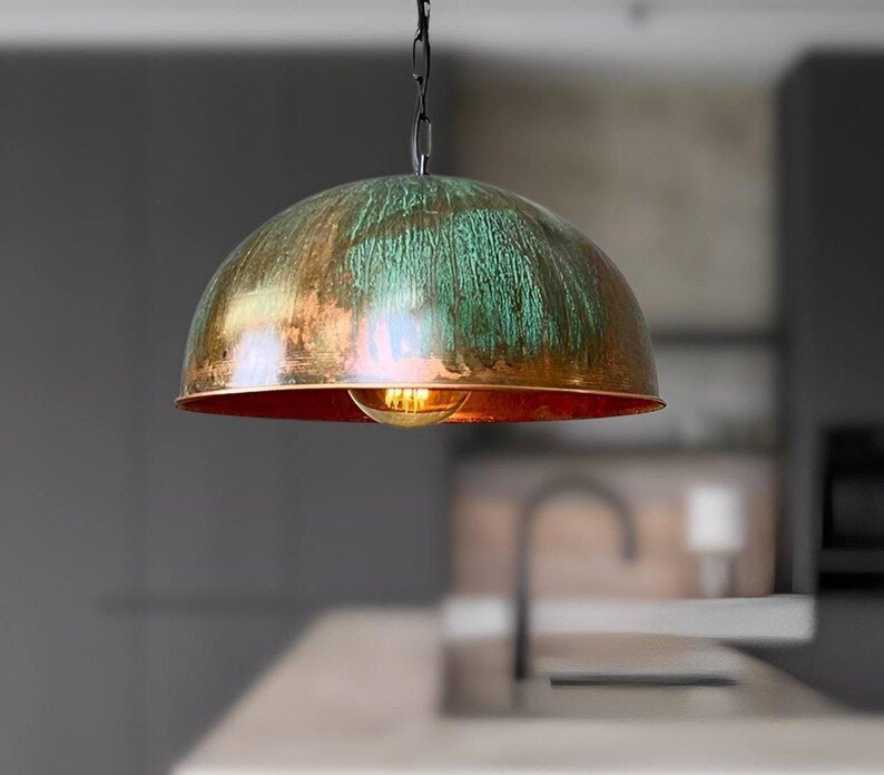 Set of 3 Green patina copper dome pendant light-oxidized turquoise patina with copper interior -modern kitchen island - vintage hanging lamp Set of 3 Green patina copper dome pendant light-oxidized turquoise patina with copper interior -modern kitchen island - vintage hanging lamp