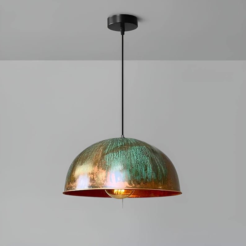 Set of 3 Green patina copper dome pendant light-oxidized turquoise patina with copper interior -modern kitchen island - vintage hanging lamp Set of 3 Green patina copper dome pendant light-oxidized turquoise patina with copper interior -modern kitchen island - vintage hanging lamp