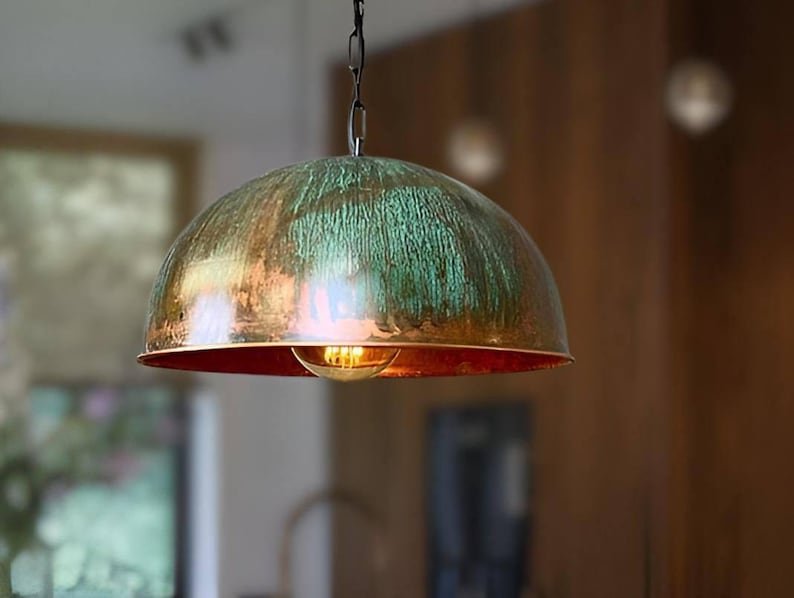 Set of 3 Green patina copper dome pendant light-oxidized turquoise patina with copper interior -modern kitchen island - vintage hanging lamp Set of 3 Green patina copper dome pendant light-oxidized turquoise patina with copper interior -modern kitchen island - vintage hanging lamp