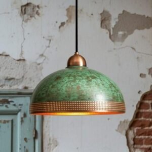 Green Patina Brass Dome Pendant Light with Perforated Band