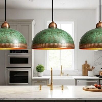 Green Patina Brass Dome Pendant Light with Perforated Band