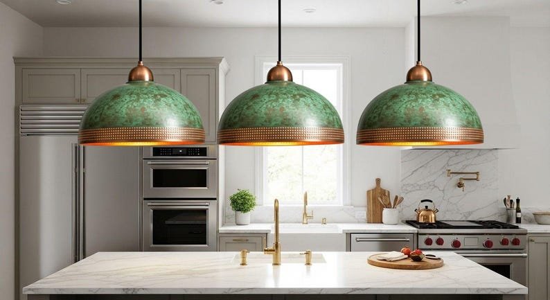 Handcrafted Copper Pendant Lamp: Green Patina, Moroccan Lighting