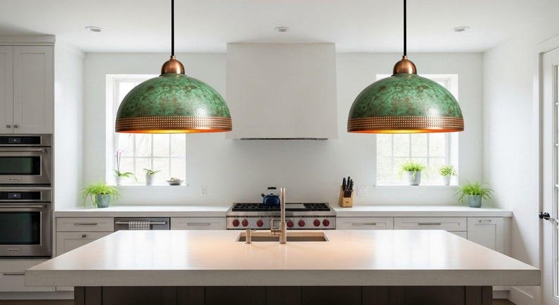 Handcrafted Copper Pendant Lamp: Green Patina, Moroccan Lighting