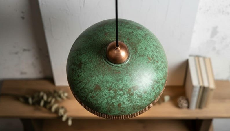 Handcrafted Copper Pendant Lamp: Green Patina, Moroccan Lighting