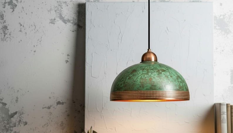 Handcrafted Copper Pendant Lamp: Green Patina, Moroccan Lighting