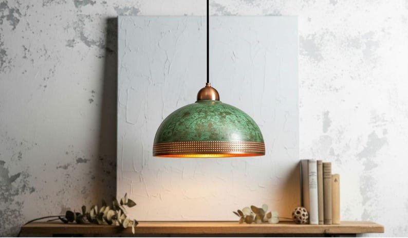Handcrafted Copper Pendant Lamp: Green Patina, Moroccan Lighting