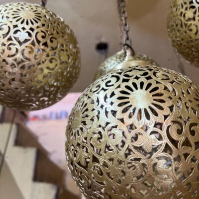 Moroccan Brass Pendant Light Chandelier – 5 Globe Ceiling Lamp | Handmade Gold Light Fixture | Boho Hanging Light