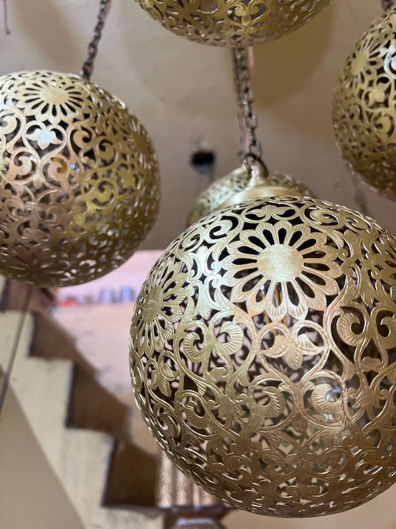 Moroccan Brass Pendant Light Chandelier – 5 Globe Ceiling Lamp | Handmade Gold Light Fixture | Boho Hanging Light