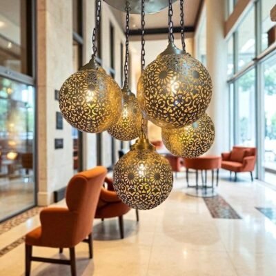 Moroccan 5 Globe Ceiling Lamp Brass Shadow Chandelier