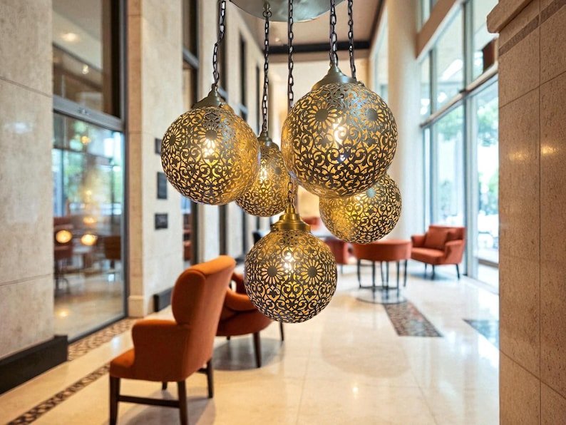 Moroccan Brass Pendant Light Chandelier – 5 Globe Ceiling Lamp | Handmade Gold Light Fixture | Boho Hanging Light