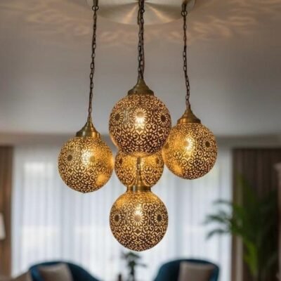 Moroccan Brass Pendant Light Chandelier – 5 Globe Ceiling Lamp | Handmade Gold Light Fixture | Boho Hanging Light