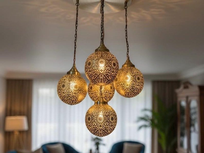 Moroccan Brass Pendant Light Chandelier – 5 Globe Ceiling Lamp | Handmade Gold Light Fixture | Boho Hanging Light