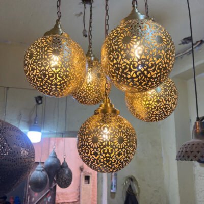 Moroccan Brass Pendant Light Chandelier – 5 Globe Ceiling Lamp | Handmade Gold Light Fixture | Boho Hanging Light