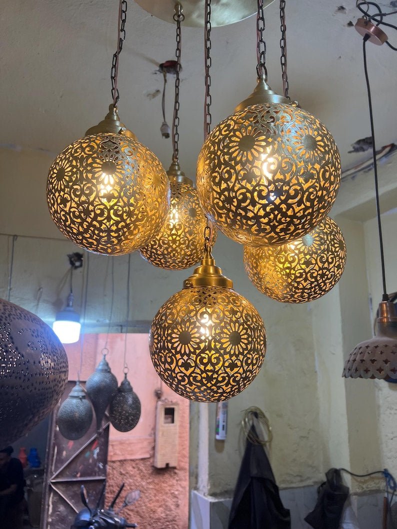 Moroccan Brass Pendant Light Chandelier – 5 Globe Ceiling Lamp | Handmade Gold Light Fixture | Boho Hanging Light