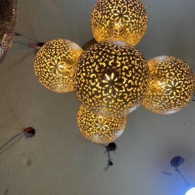 Moroccan Brass Pendant Light Chandelier – 5 Globe Ceiling Lamp | Handmade Gold Light Fixture | Boho Hanging Light