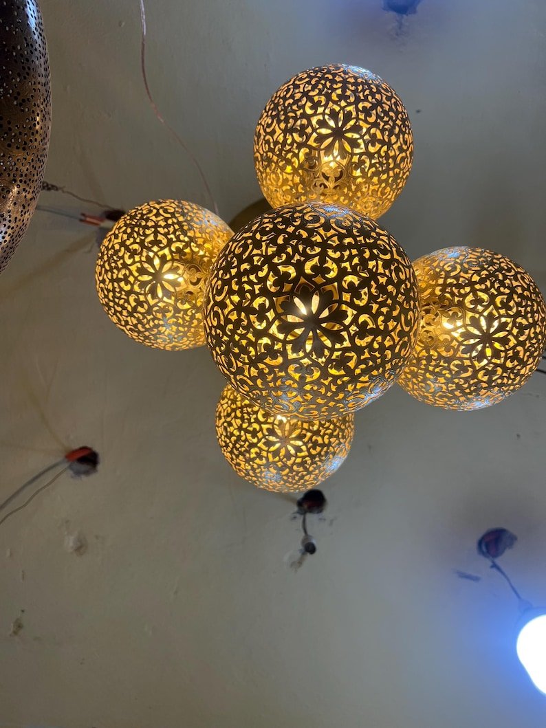 Moroccan Brass Pendant Light Chandelier – 5 Globe Ceiling Lamp | Handmade Gold Light Fixture | Boho Hanging Light