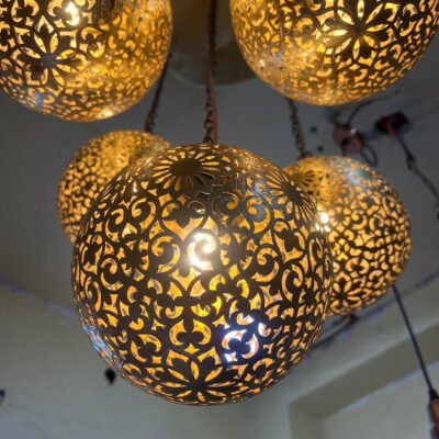 Moroccan Brass Pendant Light Chandelier – 5 Globe Ceiling Lamp | Handmade Gold Light Fixture | Boho Hanging Light