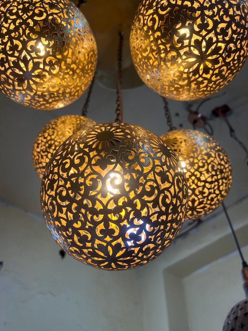 Moroccan Brass Pendant Light Chandelier – 5 Globe Ceiling Lamp | Handmade Gold Light Fixture | Boho Hanging Light