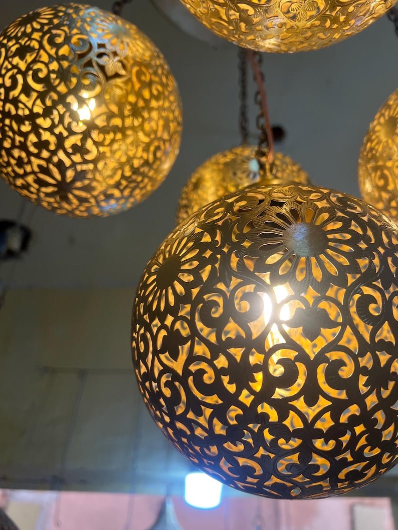 Moroccan Brass Pendant Light Chandelier – 5 Globe Ceiling Lamp | Handmade Gold Light Fixture | Boho Hanging Light