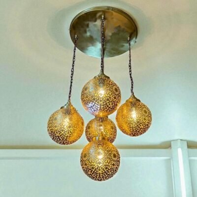 Moroccan Brass Pendant Light Chandelier – 5 Globe Ceiling Lamp | Handmade Gold Light Fixture | Boho Hanging Light