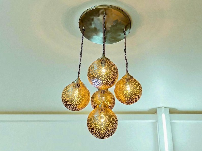 Moroccan Brass Pendant Light Chandelier – 5 Globe Ceiling Lamp | Handmade Gold Light Fixture | Boho Hanging Light