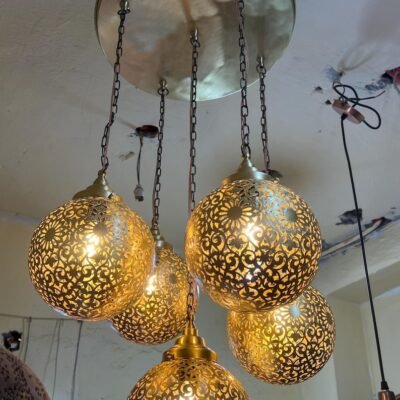 Moroccan Brass Pendant Light Chandelier – 5 Globe Ceiling Lamp | Handmade Gold Light Fixture | Boho Hanging Light